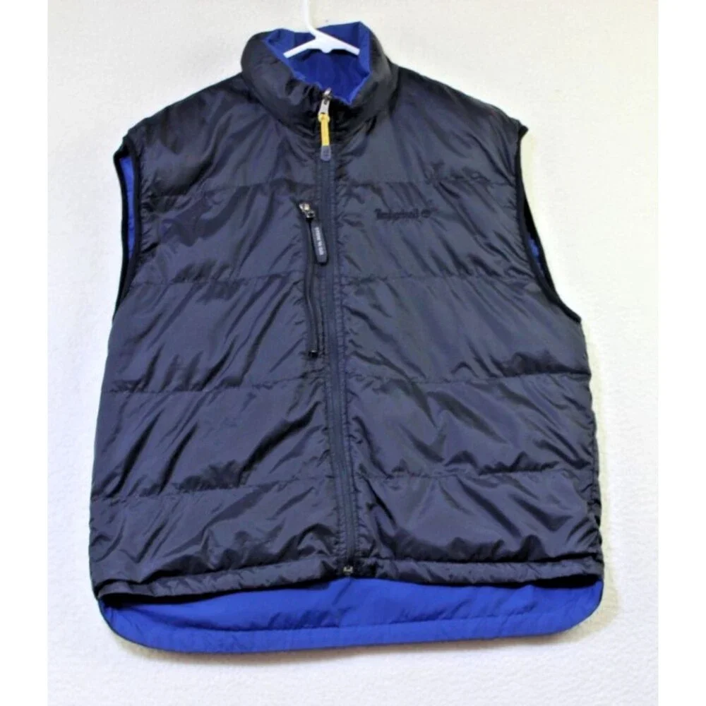 Timberland Stow N Go Down Vest Mens L Blue Black Packable Puffer Duck Insulated